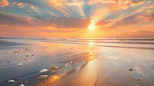 The Sun Kisses The Ocean Goodbye, Casting A Golden Blanket Over The Beach