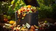 Compost container with mix vegetables and fruits peels and scraps.