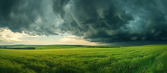 Poster - Stormy Drama: Majestic Storm Clouds Dance Over Vast Green Fields, Creating an Enchanting Storm Clouds Over Green Field Spectacle