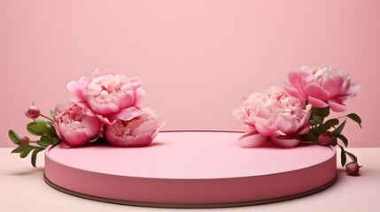 Creative composition for product advertising. Empty round podium platform stand for beauty product presentation and beautiful peonies flowers around on pink background. Front view