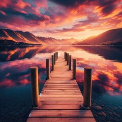 Wall Mural - extending into a calm lake, with mountains and the sky painted with hues of sunset in the background