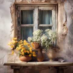 Wall Mural - A rustic window with flowers on the sill. 