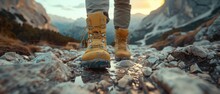 Hiker's Boots Mid-step In A Rocky Flowing River With Splashing Water Generative AI