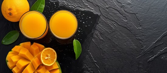 Wall Mural - Vibrant Orange and Juicy Mango Fruit Juice Over Sleek Black Slate