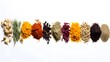 Various colorful spices and herbs are arranged in a neat row on a white background.
