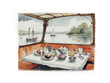 Cake and food on a boat at the lake for a vacation, watercolor illustration