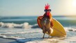 A cute hen surfer enjoys a fun-filled summer day at the beach, riding waves with enthusiasm, Ai Generated.