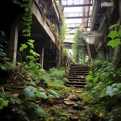 Canvas Print - Dystopian urban decay with overgrown vegetation.