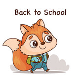 Fototapeta Pokój dzieciecy - A happy cartoon fox with a backpack walks to school, showcasing lively art, illustrated with a cute snout, whiskers, and tail. Vector