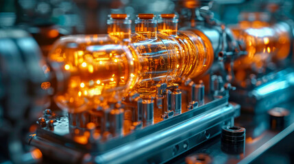 Poster - Industrial high tech transparent glowing translucent energy pipes futuristic with energy and fuel equipment in factory