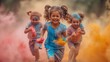 Exuberant Children Revel in the Vivid Hues of a Holi Festival Celebration at Dusk