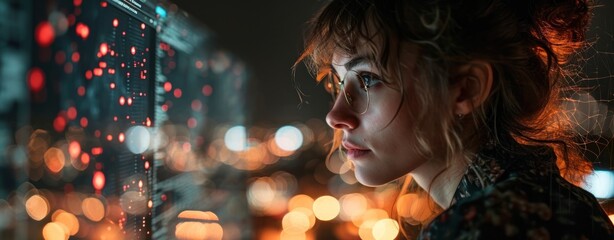 Poster - Intense close-up of a young woman with glasses, her eyes reflecting complex data from computer screens, highlighting concentration and analysis.