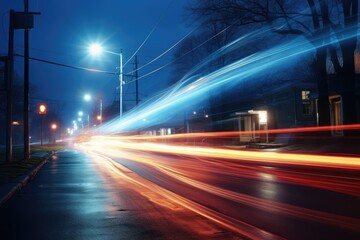 Wall Mural - Abstract long exposure dynamic speed light in rural city road,  Cars on night highway with colorful light trails, Ai generated