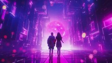 Silhouette Of A Couple On A Futuristic Neon-lit Planet. Valentine's Day