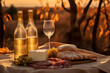 Romantic sunset picnic with white wine, gourmet cheese, and savory charcuterie platter