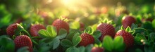 Wild Strawberries Berries Background, Natural Backdrop, Banner, Panorama, Fresh Green Leaves And Red Berries.