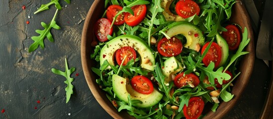 Wall Mural - Top view of a nutritious vegan salad with avocado, tomato, and arugula.