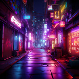 Fototapeta Londyn - Neon-lit alleyway in a cyberpunk city.