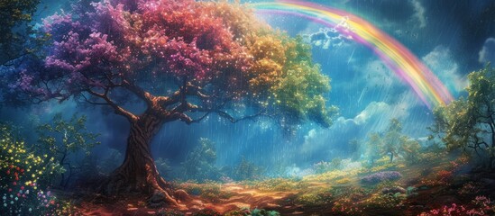 Wall Mural - Vibrant Rainbow Shimmers Over Majestic Shower, Tree, and Flower: A Spectacular Display of Nature's Beauty in Rainbow, Shower, Tree, and Flower Harmony