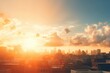 Summer sun blurs golden hour hot sky at sunset with a city rooftop view in the background, Ai generated