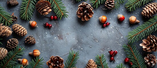 The table is adorned with pine cones, berries, acorns, and Christmas decorations, all showcasing the beauty of natural materials from plants and organisms.