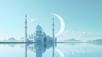 Canvas Print - Crescent Moon and Mosque on Light Blue Background
