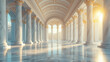 Interior of the empty hall with pillars, marble floor and sunlight. Created with Ai