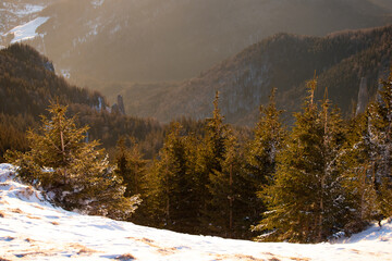 Wall Mural - Beautiful sunrise at winter in Ceahlau Mountains, Romania