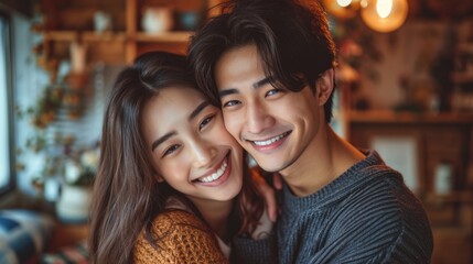 Asian young couple smile and laughing with positive emotion and loving together at warmth place.