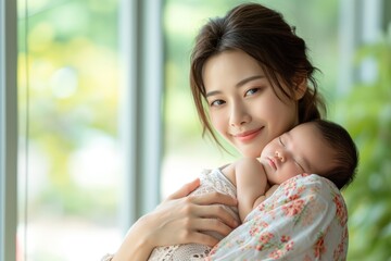 Wall Mural - Happy Asian mother holding a cute newborn baby sleep on arm comfort and safety. Happy infant baby sleep with mother standing near windows warm and relax. Good moment.