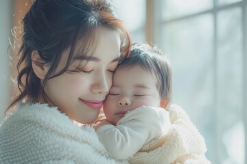 happy asian mother holding a cute newborn baby sleep on arm comfort and safety. happy infant baby sl