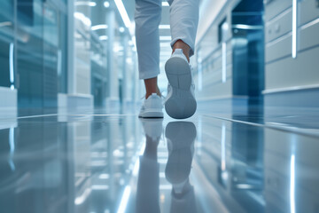 close up of a doctor shoes walking in hospital corridor