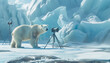 A curious polar bear is seen inspecting a camera mounted on a tripod amidst a stunning icy landscape, creating a surreal and playful scene