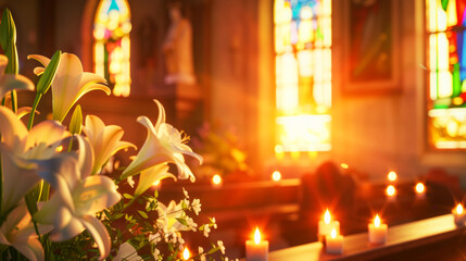 Wall Mural - Lilies and Candles in Church at Sunset, Lilies bathed in sunset light inside a church, with stained glass and candles.