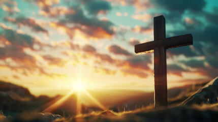 Wall Mural - Rustic Wooden Cross at Sunset, Sunset rays illuminating a rustic wooden cross against a clouded sky.