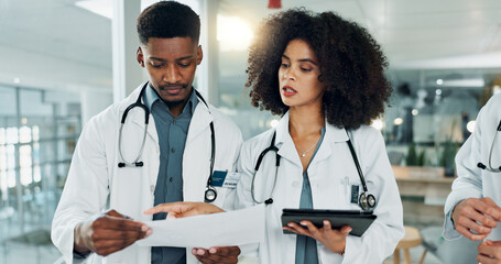 Poster - Documents, team doctors and people reading, consulting and collaboration on medicine study, research or healthcare results. Discussion, hospital and medical surgeon, nurse and group review paperwork