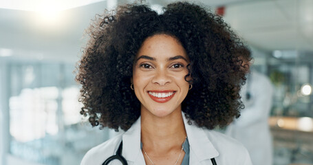 Poster - Hospital, happy and face of African doctor for medical service, insurance and clinic care. Healthcare, consulting and portrait of woman with stethoscope smile for cardiology, medicine and support