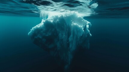 A hidden danger and the concept of global warming are depicted in this image of an iceberg in the ocean with an underwater view.