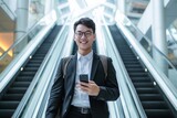 Fototapeta Dinusie - Smiling young asian businessman wearing suit standing on urban escalator using applications on her smartphone. AI generative
