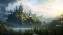 Fantasy Castle Landscape In Mountains Fantasy Landscape. Seamless Looping Overlay 4k Virtual Video Animation Background 