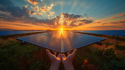 hands showing solar panels on the sunset in the field, people hand with sun energy, green energy energy transition