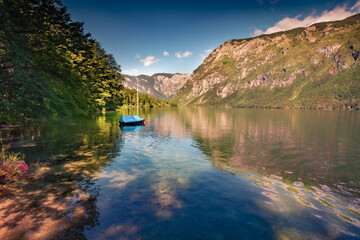 Wall Mural - Lonely yacht on Bohinj lake. Calm morning scene of Triglav national park. Amazing summer scene of  Julian Alps, Slovenia, Europe. Beauty of nature concept background.