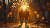 Fototapeta  - elderly old men and woman walking in the park, a happy senior couple going for a walk in the park, pension retired couple at sunset walking