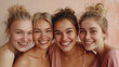 © Fokke Baarssen - woman friends in studio on a beige background to promote skincare. Portrait, face, and smile with a happy female and friend group indoors