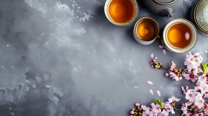  Traditional ceremony. Cups of brewed tea, teapot and sakura flowers on grey table, flat lay with space for text