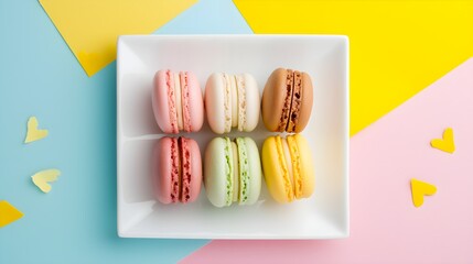 Small pastel colored macaroons on a square minimal style table in flat lay top view image Delicious macaroon desserts with a smile texted plate. Creative Banner. Copyspace image