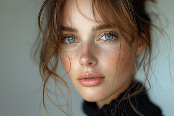 Close up studio shot of beautiful young woman,posing against light wall with positive face expression