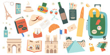 Paris Travel Set Isolated On White Background. France Tourism Trip For Adventure And Rest. Holiday Weekend Vacation Collection. Attraction And Souvenirs Bundle. Vector Flat Illustration