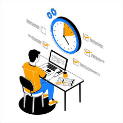 Poster - Time management. People organize productive workflow and effective schedule. Man working at computer. Completed task. Deadline and priority goals. Multitasking employee. Vector concept