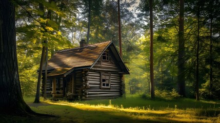 Wall Mural - old wooden cabin in the natural autumn forest